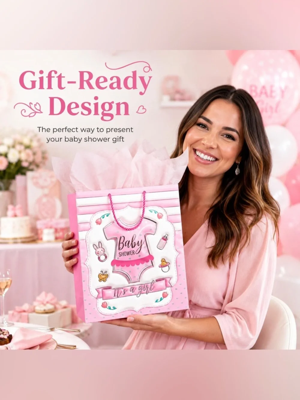 Baby Girl Foil Onesie Gift Bag – Pink Design with Tissue & Card